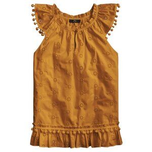 J.Crew Eyelet Pom-Pom flutter sleeve Poplin Cotton Golden Yellow Top Size S